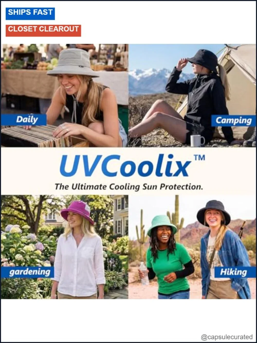 Women's Cooling Bucket Sun Hat UPF 50 Wide Brim Packable Ponytail Hole